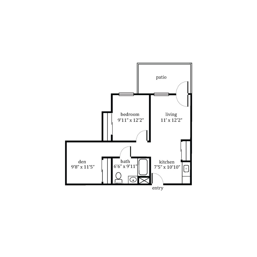The Residence at Bethel Park layout for a 1 bedroom, 1 bathroom apartment with a den and a patio.
