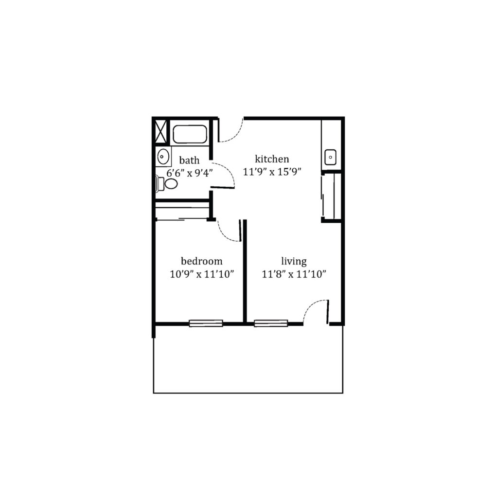 The Residence at Bethel Park layout for a 1 bedroom, 1 bathroom apartment with a large patio.