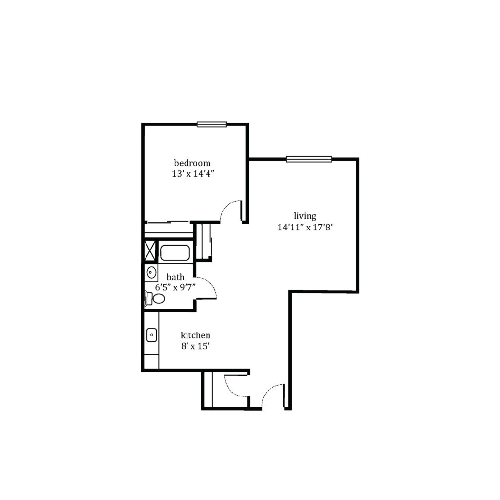 The Residence at Bethel Park layout for a 1 bedroom, 1 bathroom apartment.