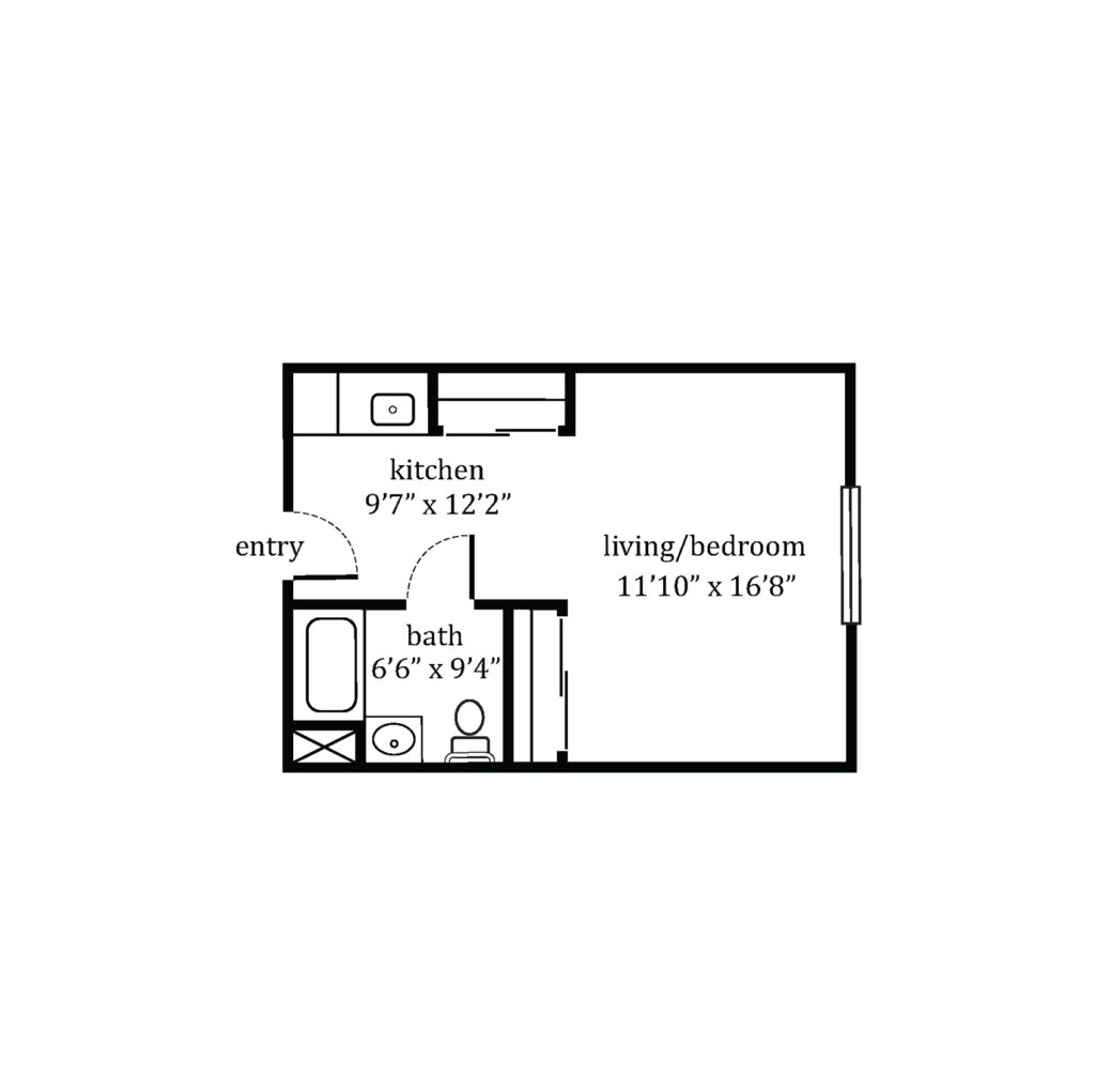 The Residence at Bethel Park layout for a studio, 1 bathroom apartment with a kitchenette.