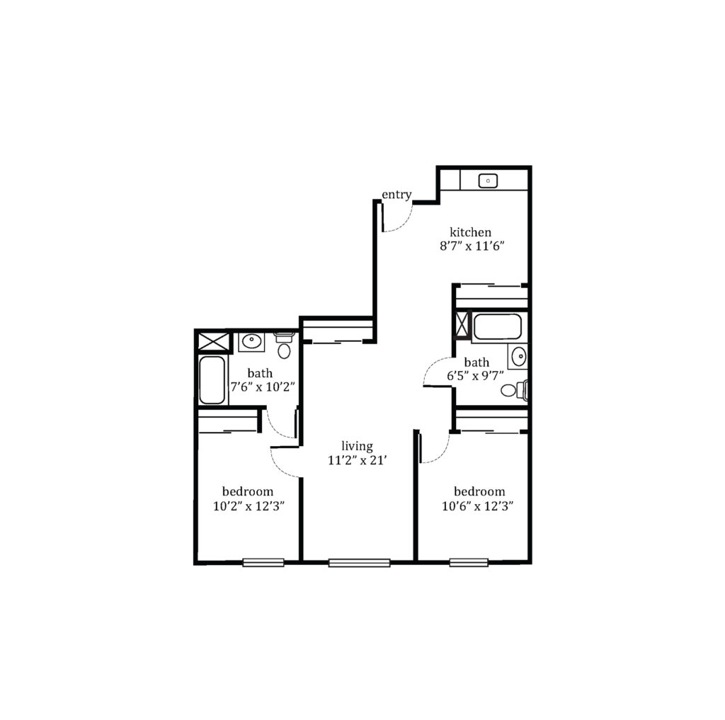 The Residence at Bethel Park layout for a 2 bedroom, 2 bathroom apartment.