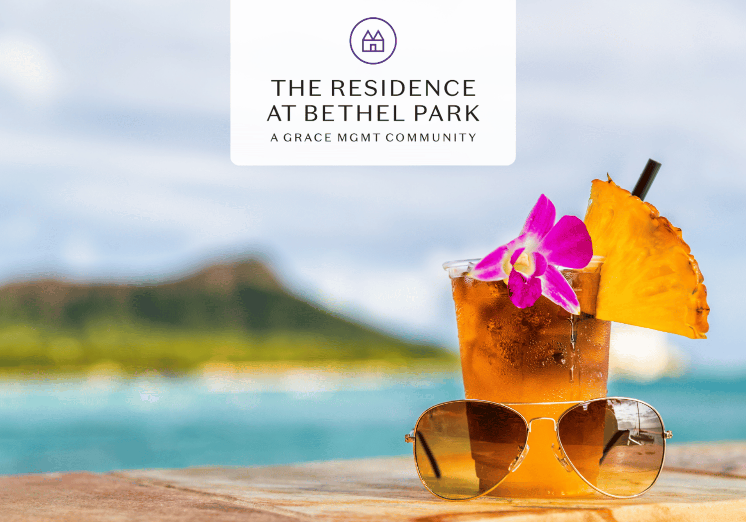Brand card for The Residence at Bethel Park overlays a tropical drink with pineapple slice and orchid beside sunglasses by a sunny beach.
